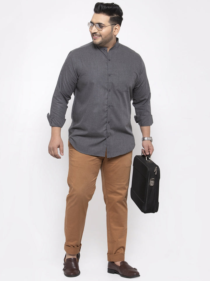 Plus Size Men Grey Regular Fit Solid Casual Shirt