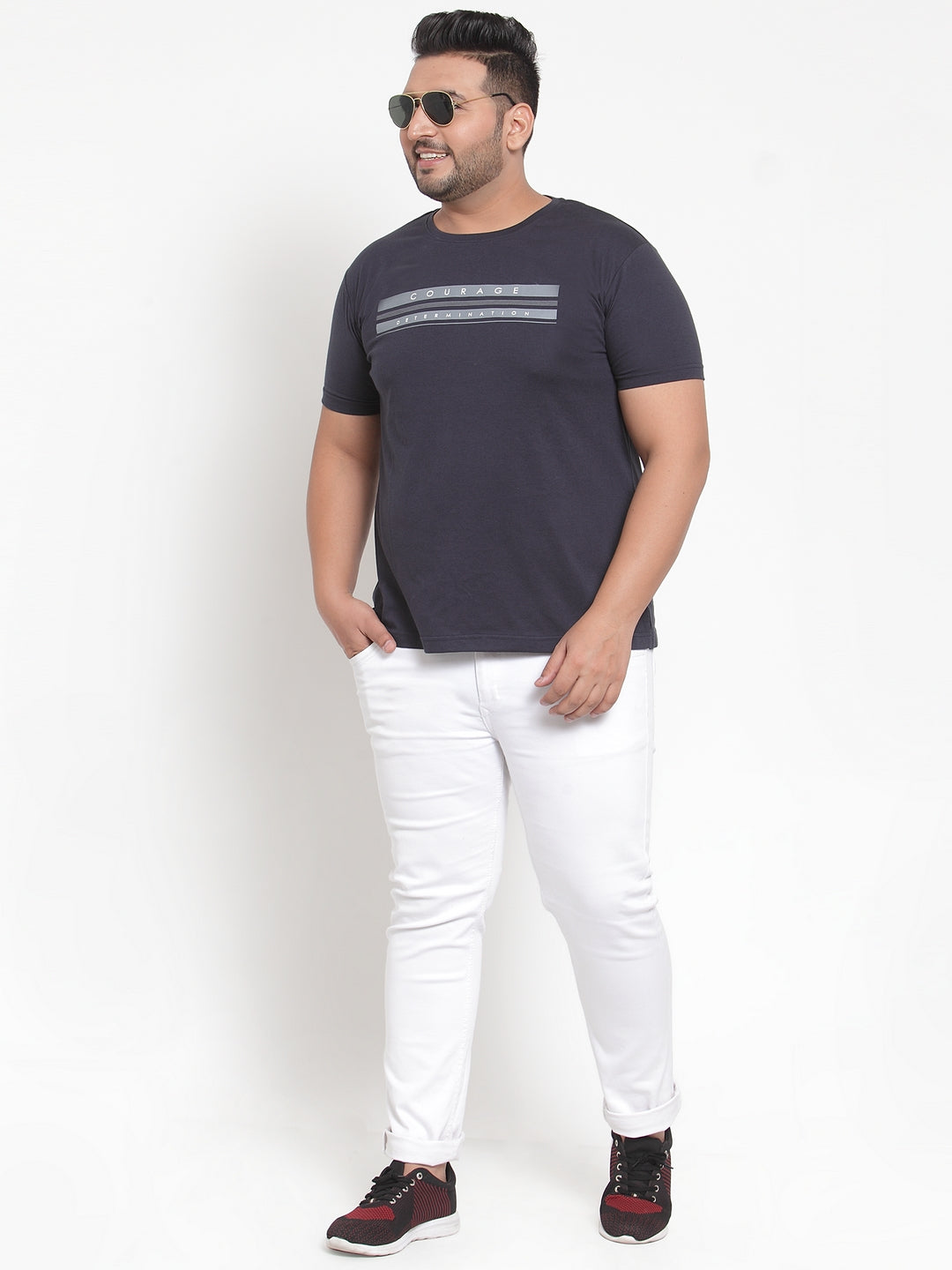 Plus Size Men Navy Blue Printed Round Neck Pure Cotton T-shirt
