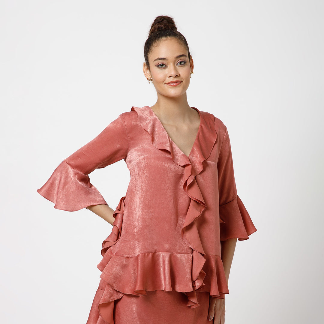 Peach Satin Asymetrical Frill Top