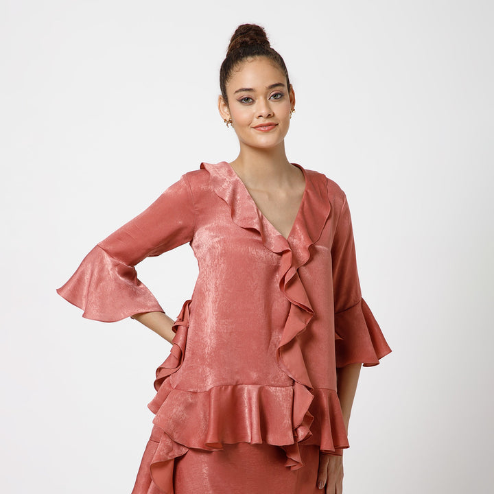 Peach Satin Asymetrical Frill Top