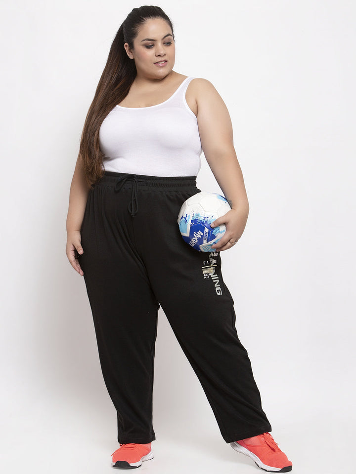 Plus Size Women Black Solid Straight-Fit Track Pants