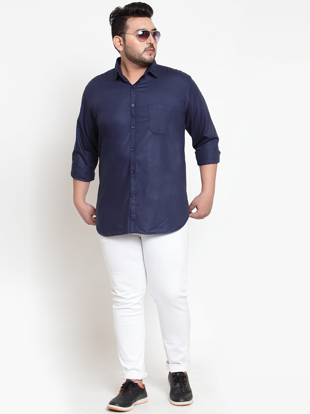 Plus Size Men Navy Blue Regular Fit Solid Casual Shirt