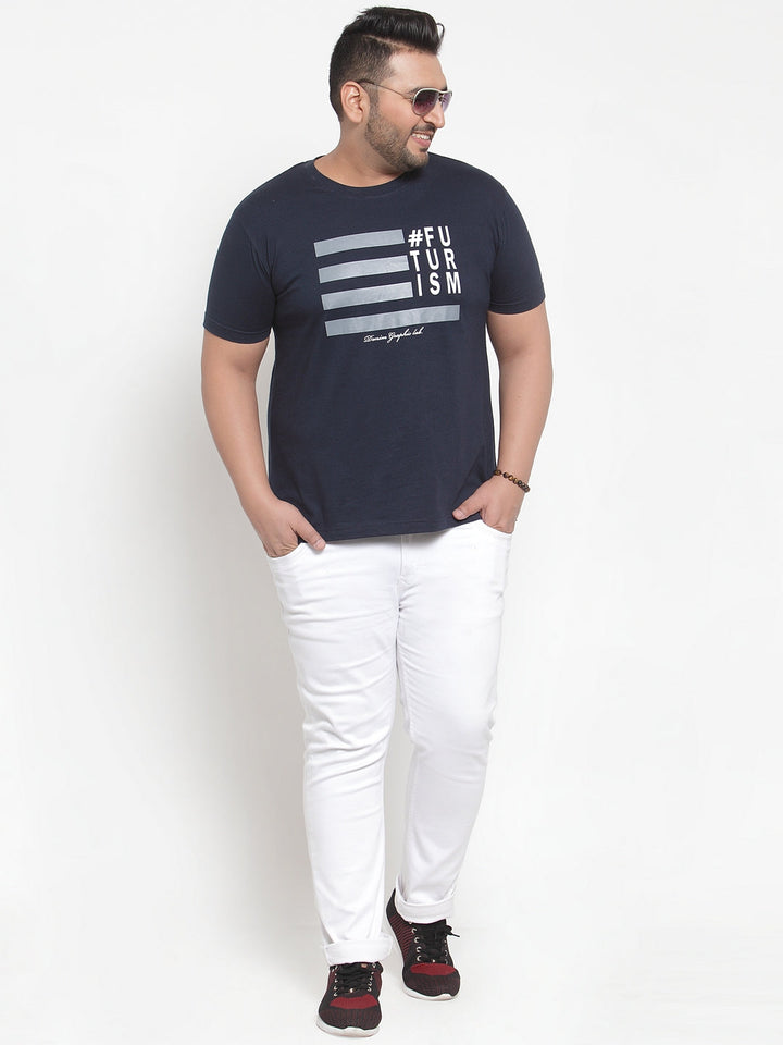 Plus Size Men Navy Blue Printed Round Neck Pure Cotton T-shirt