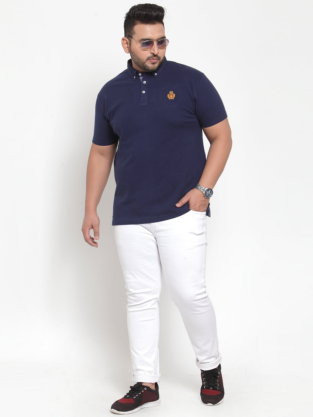 Plus Size Men Navy Blue Solid Polo Collar Pure Cotton T-shirt