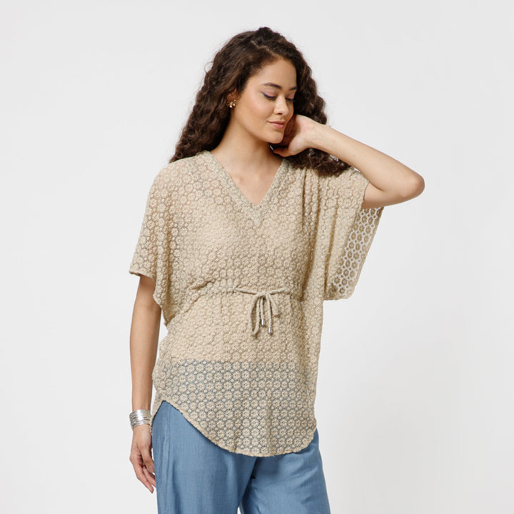 Beige Lace Fabric Kaftan With Spaghetti