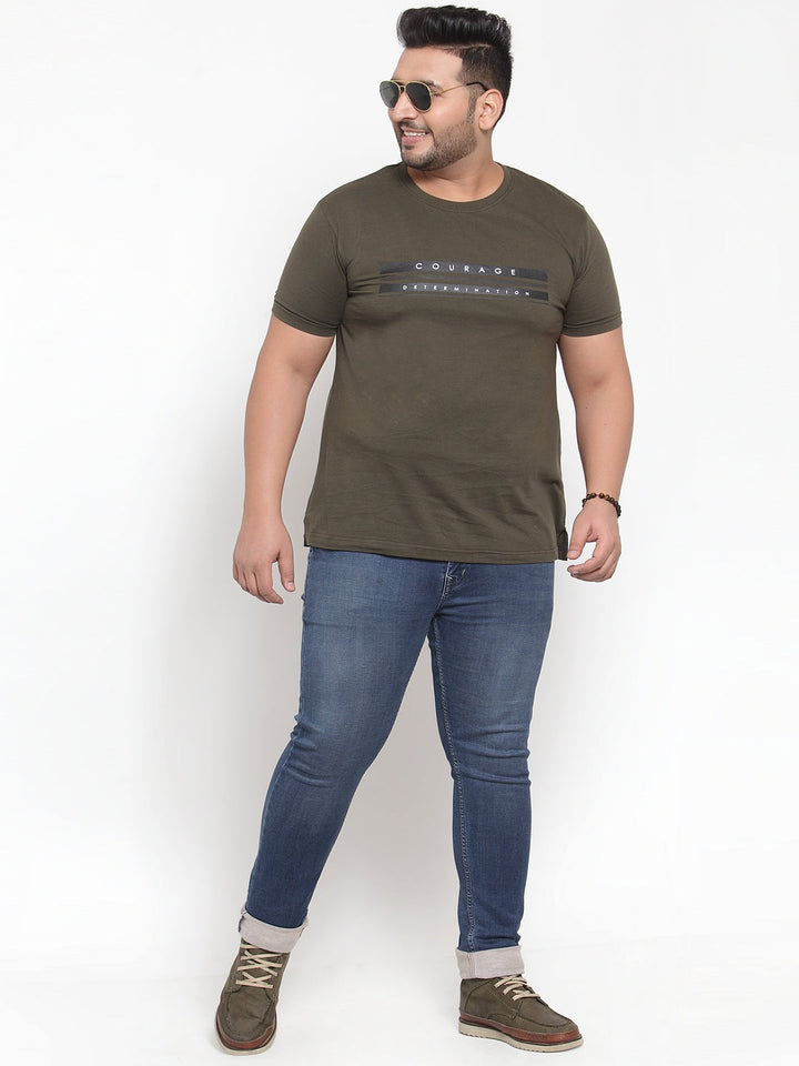 Plus Size Men Olive Green Printed Round Neck Pure Cotton T-shirt