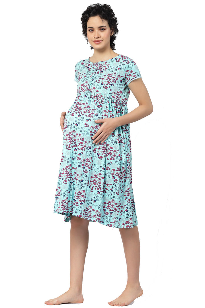 Organic Cotton Maternity Calf-length Nighty-ISML014-Green Print