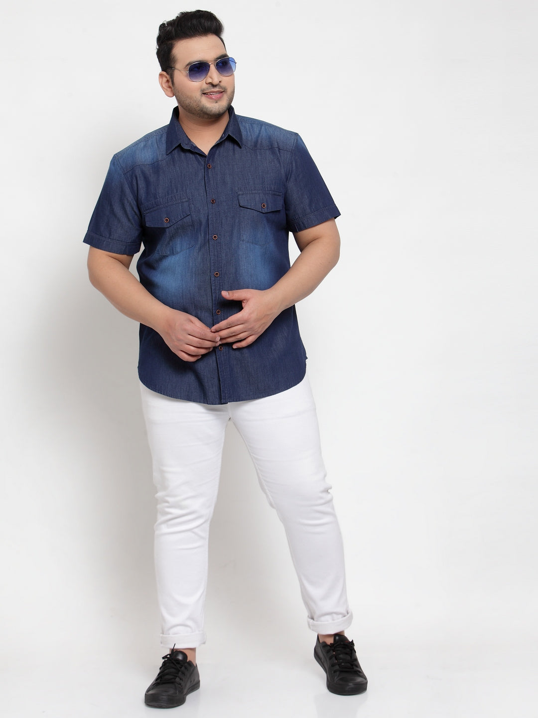 Plus Size Men Blue Regular Fit Faded Casual Denim Shirt