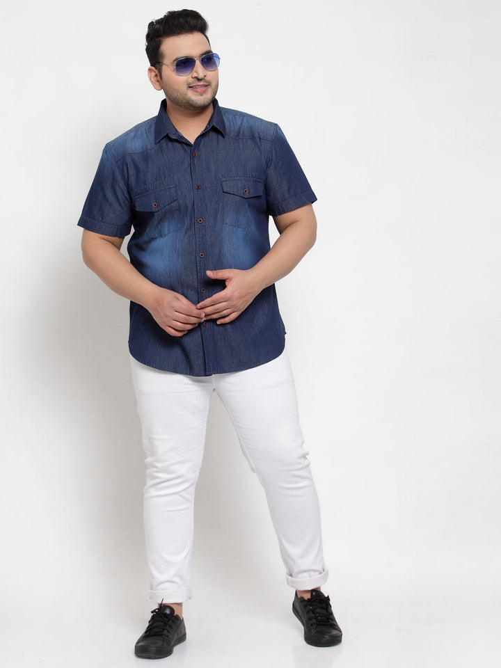 Plus Size Men Blue Regular Fit Faded Casual Denim Shirt