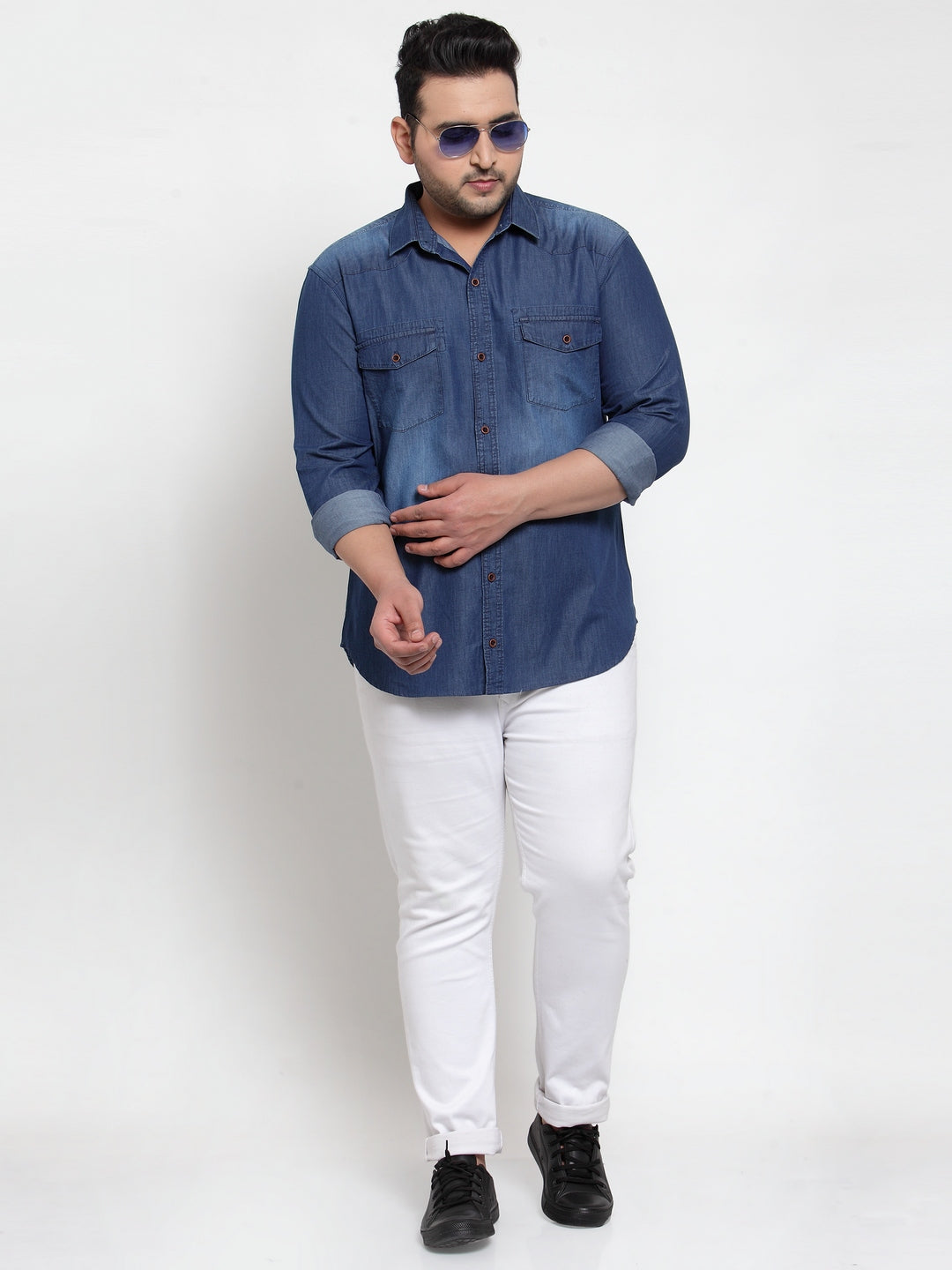Plus Size Men Blue Regular Fit Solid Casual Denim Shirt
