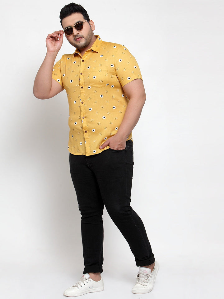 Plus Size Men Yellow Regular Fit Printed Casual Cotton Shirt