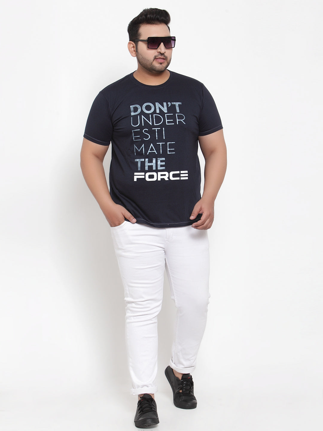 Plus Size Men Navy Blue Printed Round Neck Pure Cotton T-shirt
