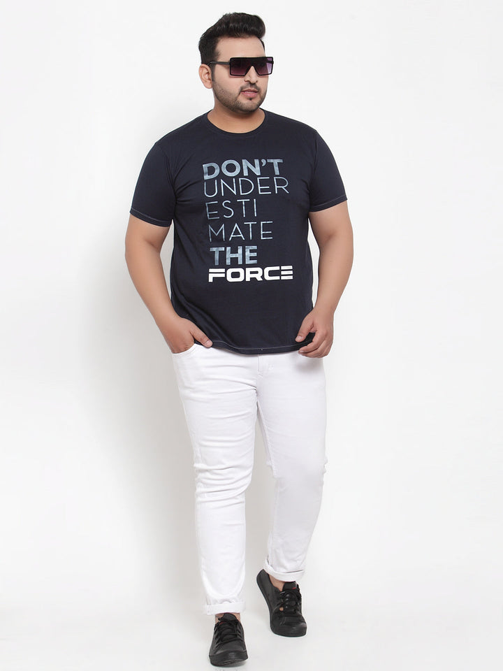 Plus Size Men Navy Blue Printed Round Neck Pure Cotton T-shirt