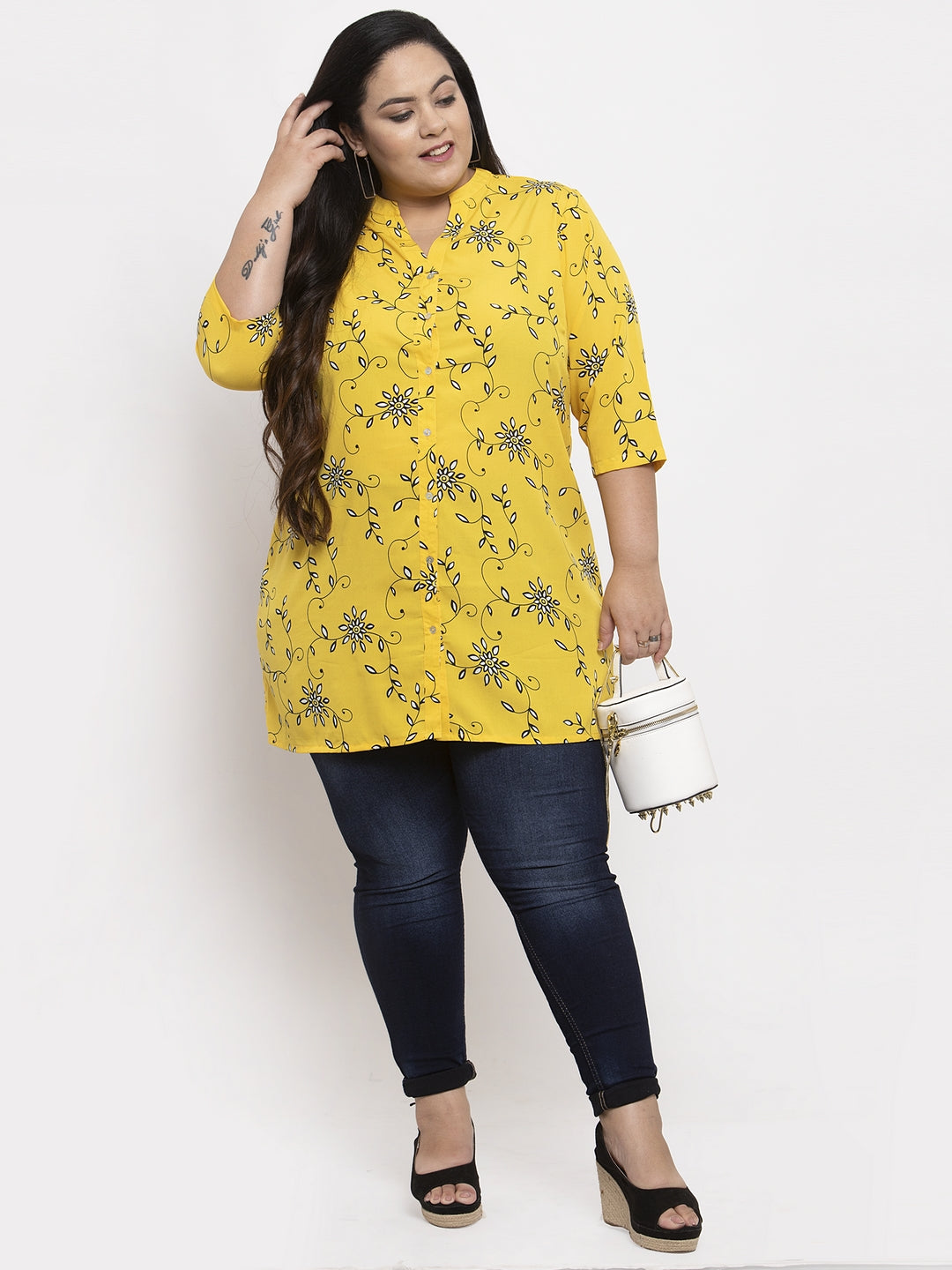 Plus Size Women Yellow Floral Printed Tunic