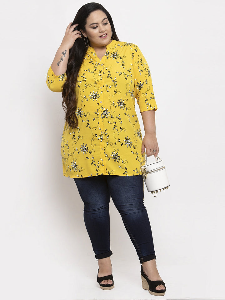 Plus Size Women Yellow Floral Printed Tunic