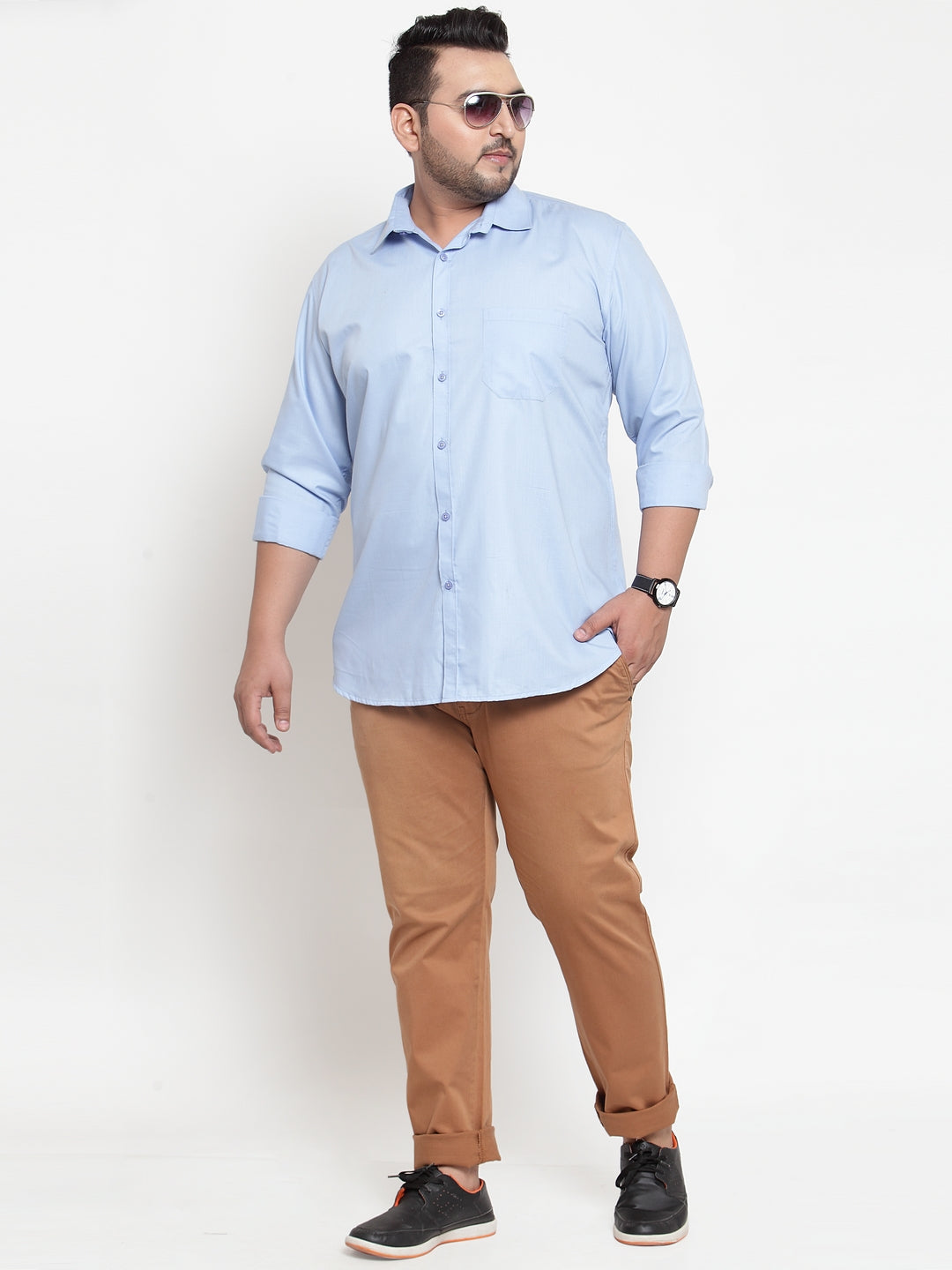 Plus Size Men Blue Regular Fit Solid Cotton Casual Shirt
