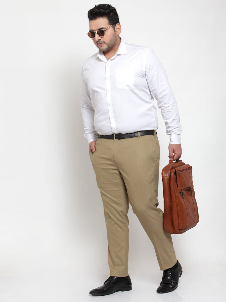 Plus Size Men Beige Regular Fit Solid  Formal Trousers