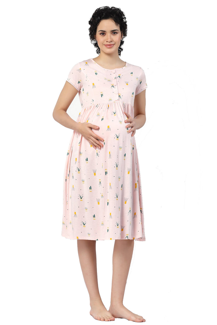 Organic Cotton Maternity Calf-length Nighty-ISML015-Pink Dogwood