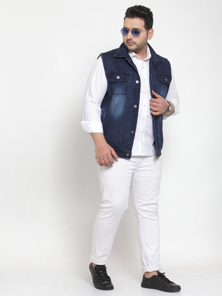 Plus Size Men Blue Solid Denim Jacket
