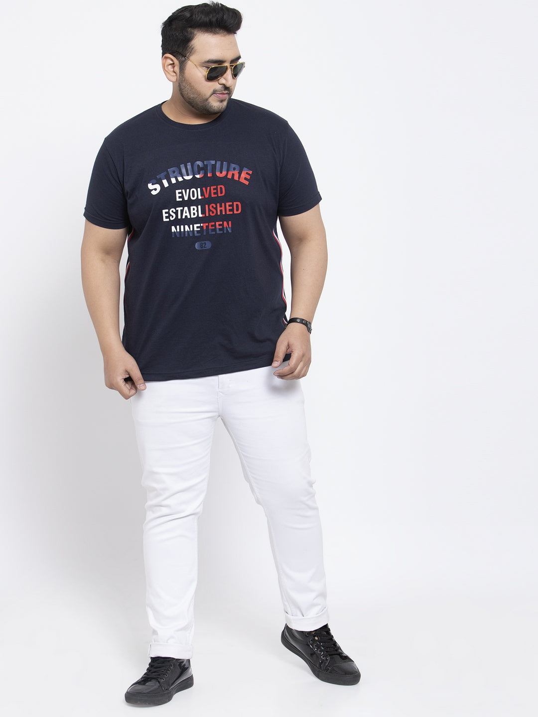 Plus Size Men Navy Blue Printed Round Neck Pure Cotton T-shirt