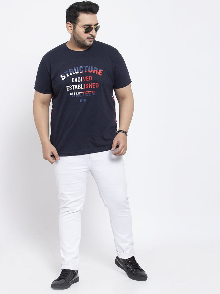 Plus Size Men Navy Blue Printed Round Neck Pure Cotton T-shirt