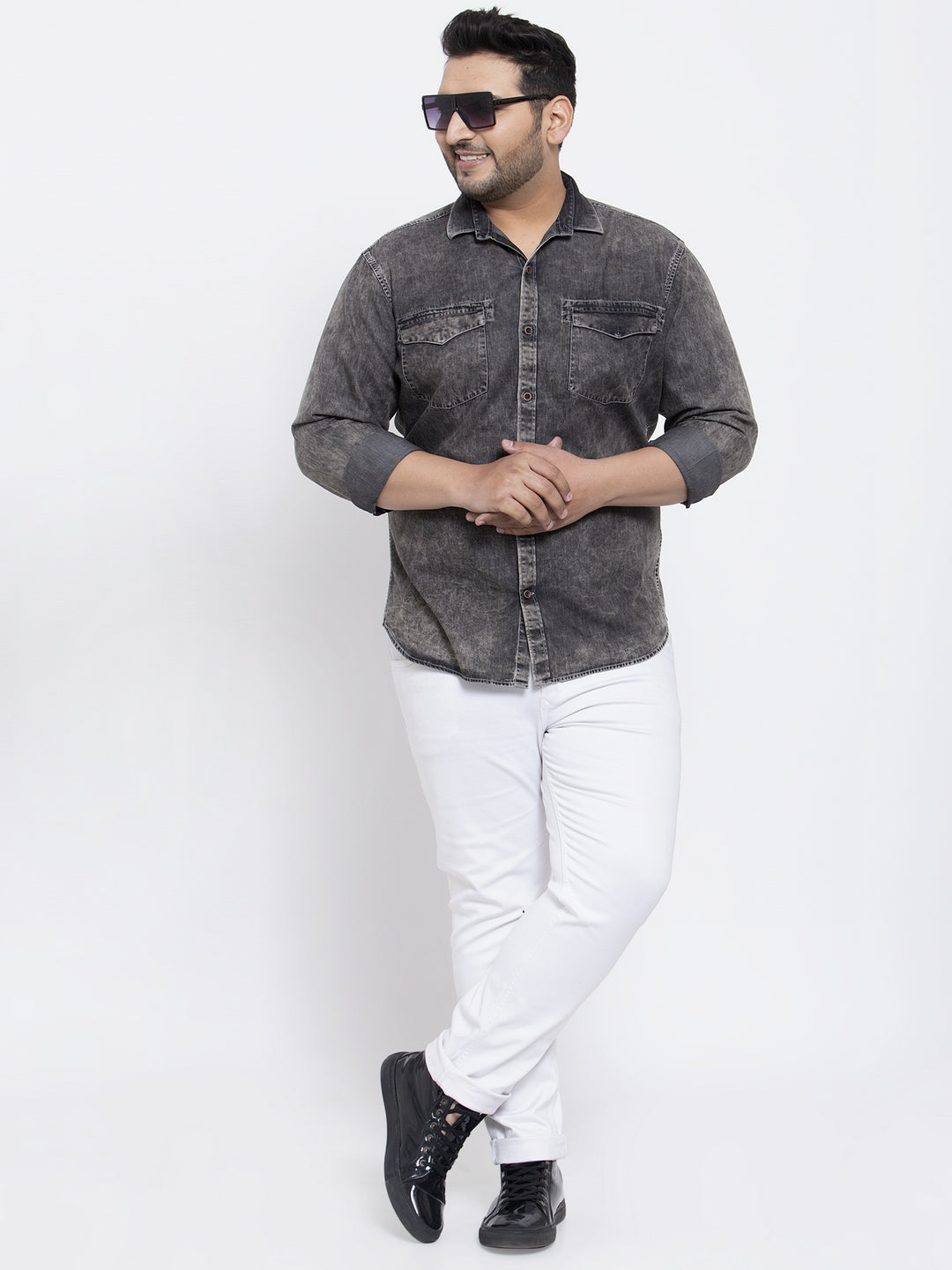 Plus Size Men Charcoal Regular Fit Faded Casual Shirt