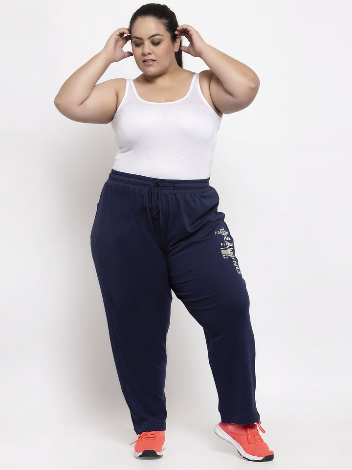 Plus Size Women Navy Blue Solid Straight-Fit Track Pants