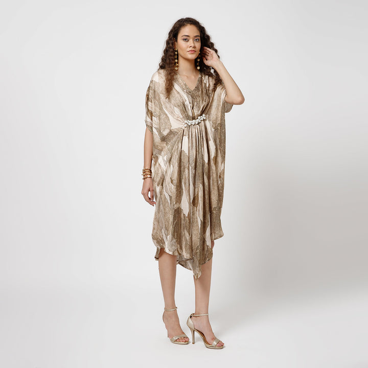 Olive Satin Kaftan With Pearls