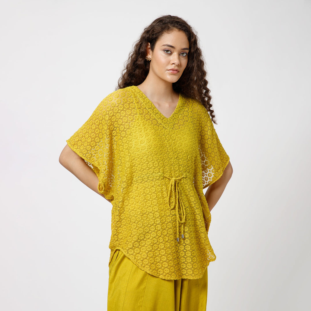 Olive Lace Fabric Kaftan With Spaghetti