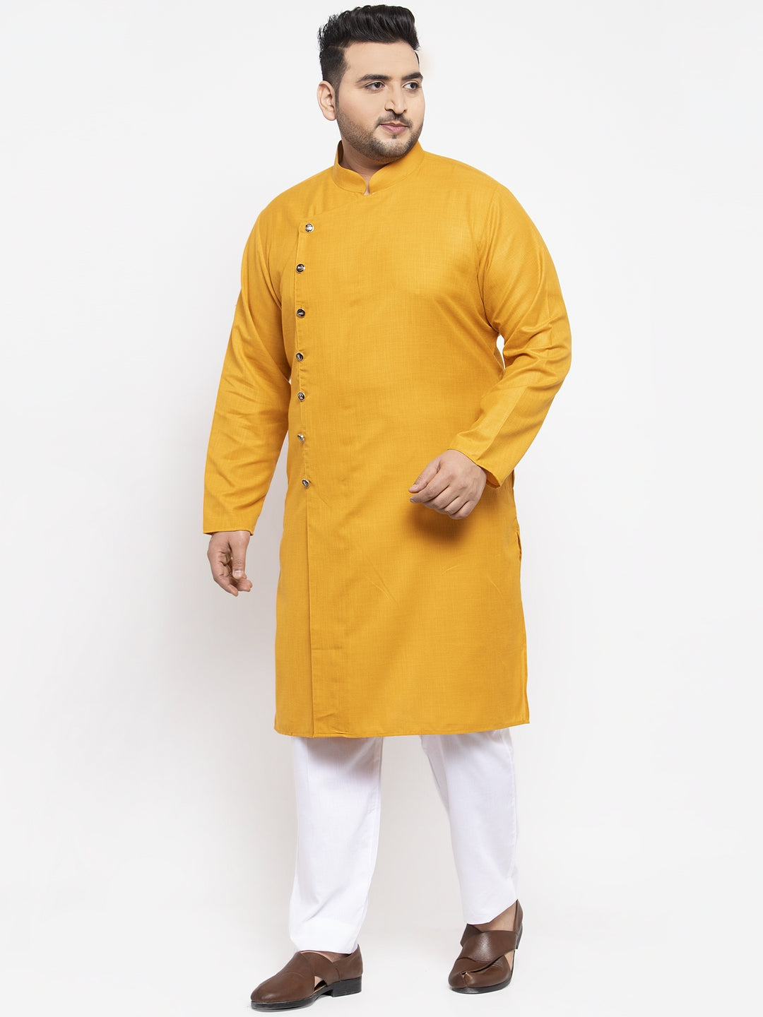 Plus Size Men Mustard Yellow  White Solid Kurta with Pyjamas
