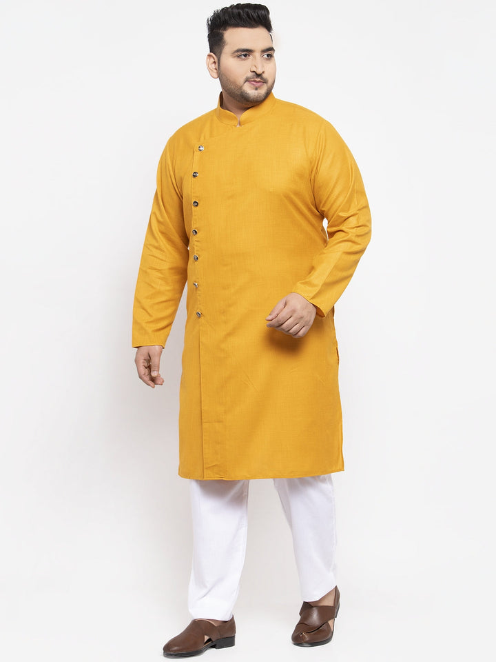 Plus Size Men Mustard Yellow  White Solid Kurta with Pyjamas