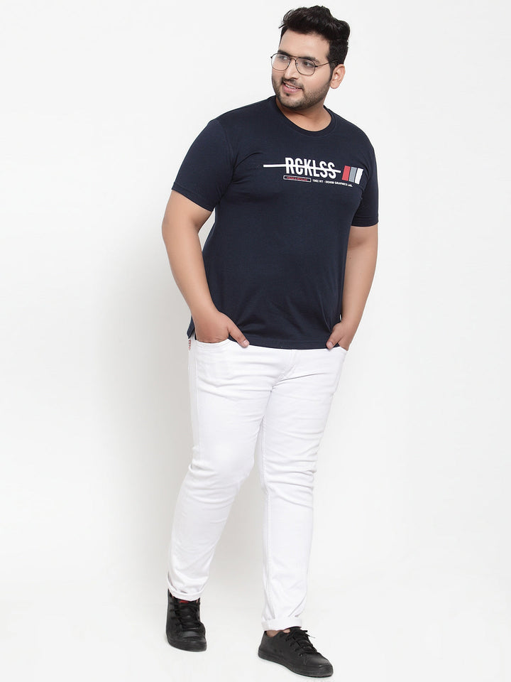 Plus Size Men Navy Blue Printed Round Neck Pure Cotton T-shirt