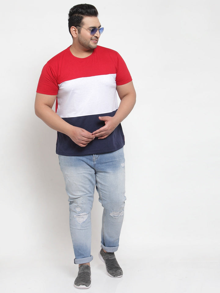 Plus Size Men Red  White Colourblocked Round Neck Pure Cotton T-shirt