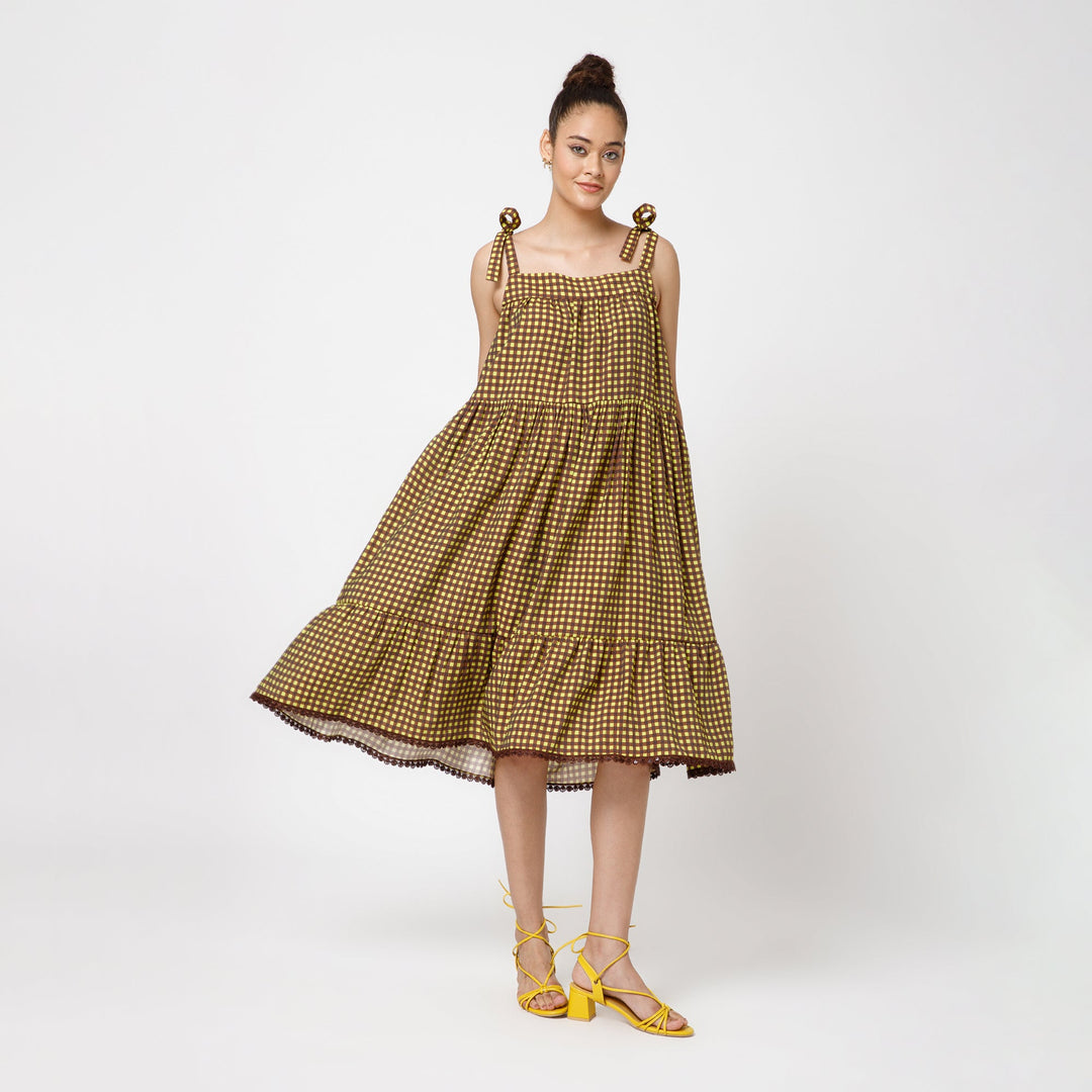 Brown Yellow Check Tiered Dress