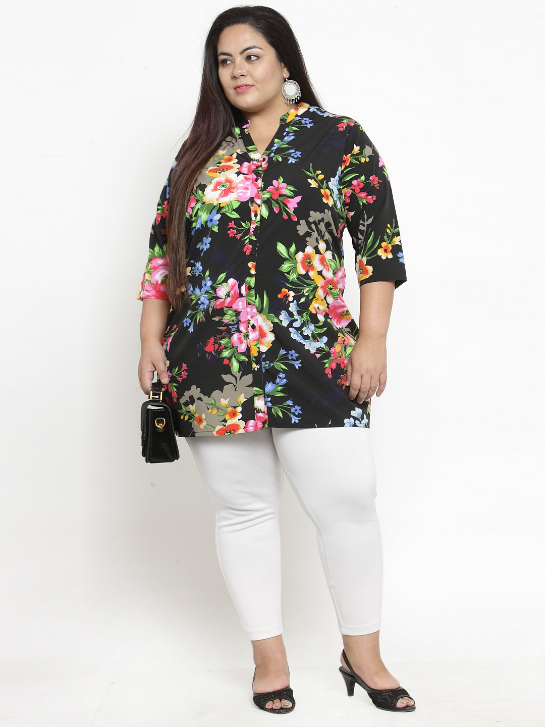 Plus Size Black Floral Printed Tunic