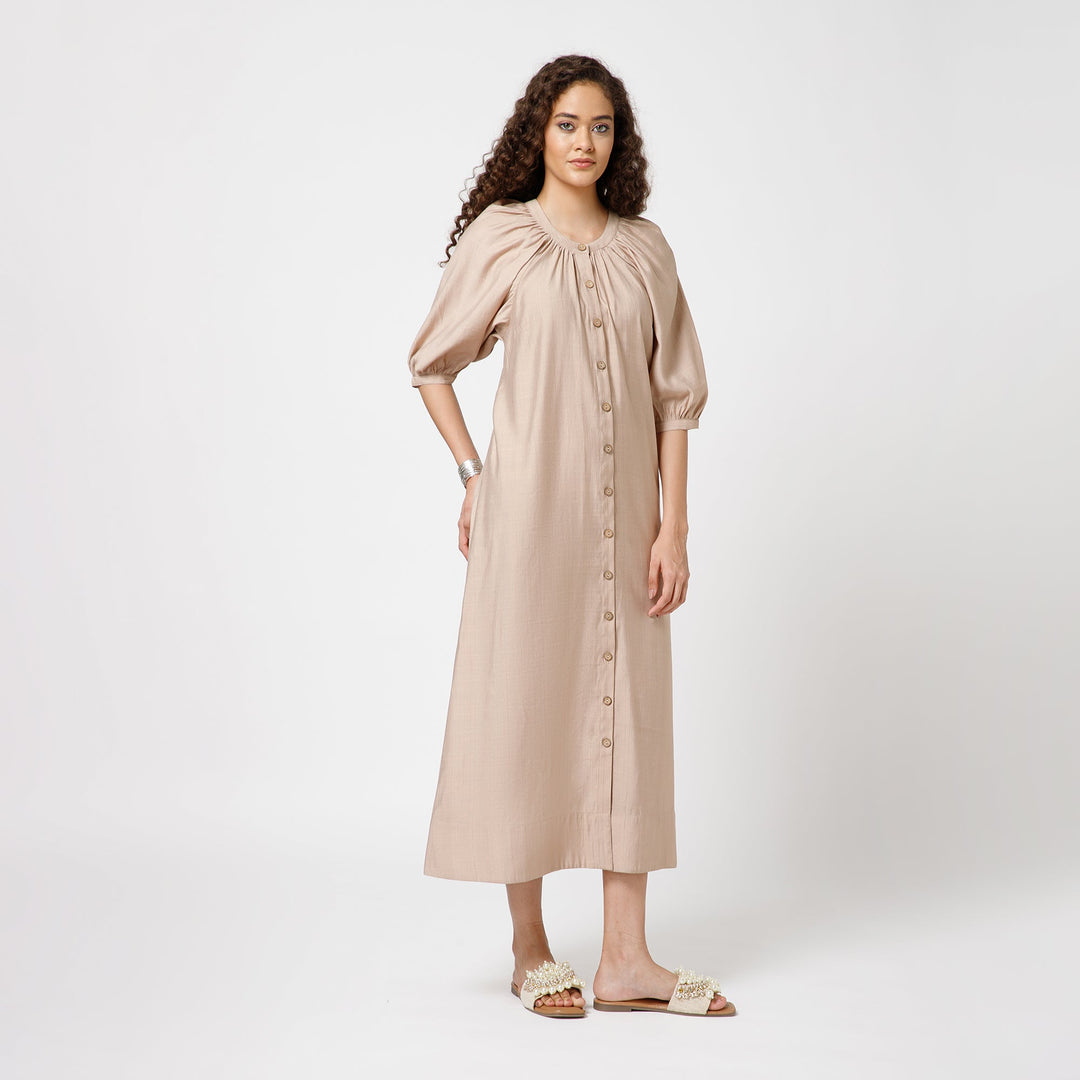 Beige Long Dress With Puff Sleeves