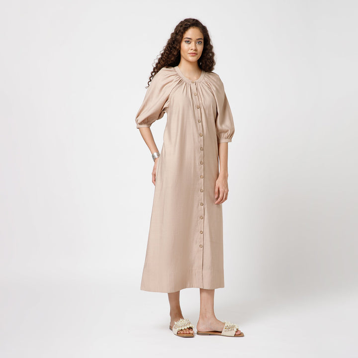 Beige Long Dress With Puff Sleeves