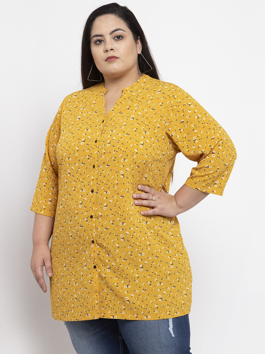 Plus Size Women Yellow Printed Tunic