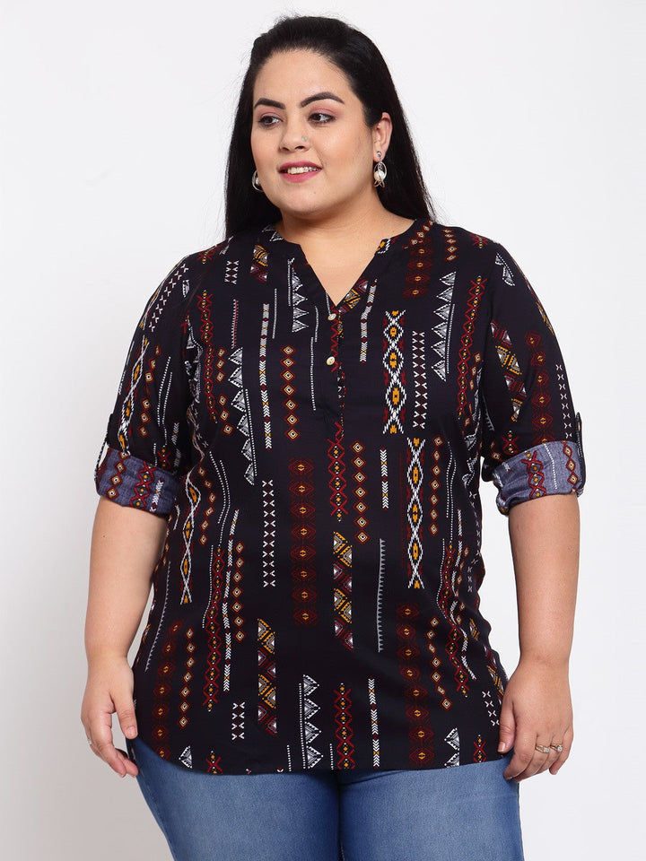 Plus Size Navy Blue Printed Shirt Style Top