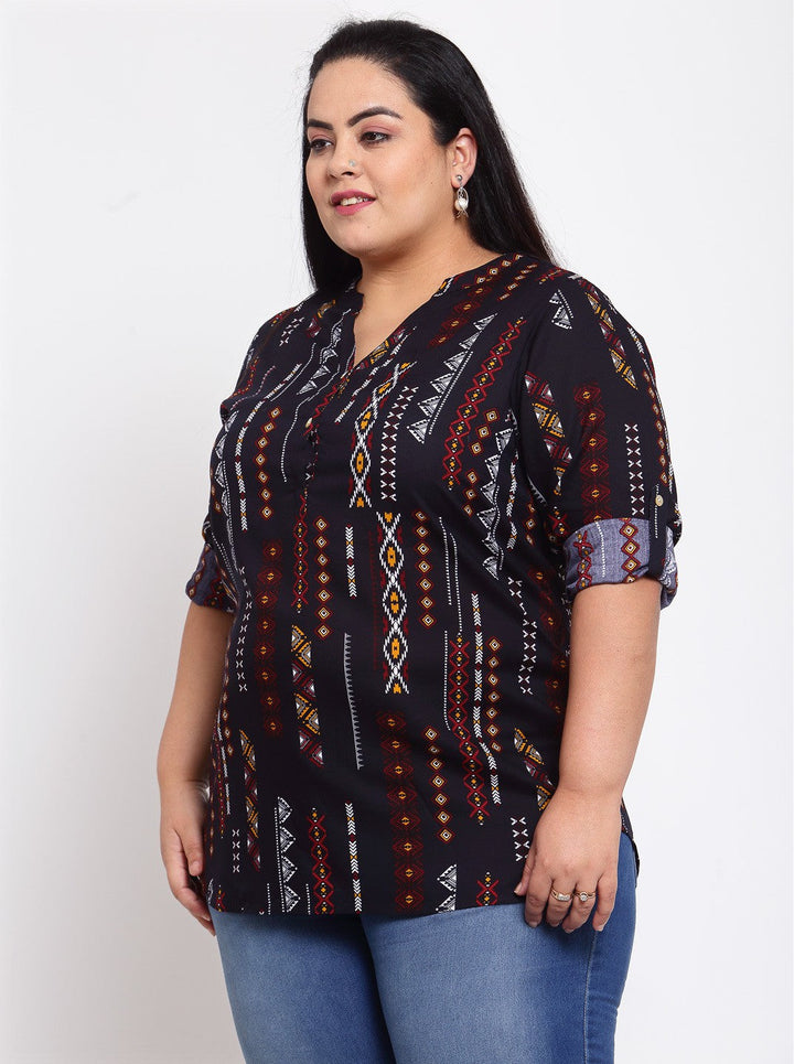 Plus Size Navy Blue Printed Shirt Style Top