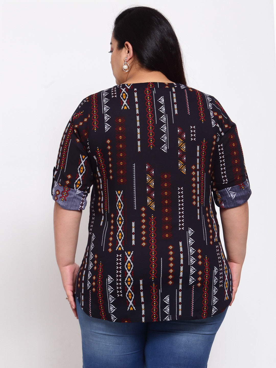 Plus Size Navy Blue Printed Shirt Style Top