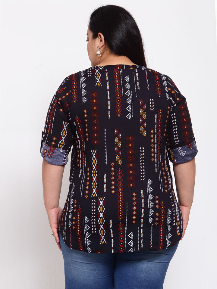 Plus Size Navy Blue Printed Shirt Style Top