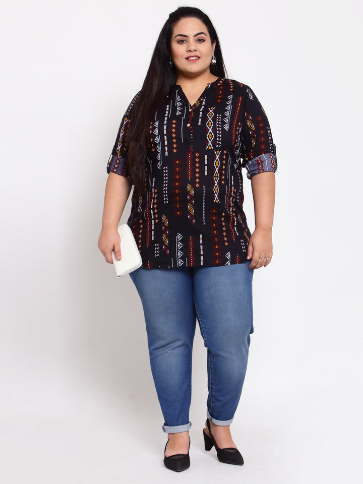 Plus Size Navy Blue Printed Shirt Style Top