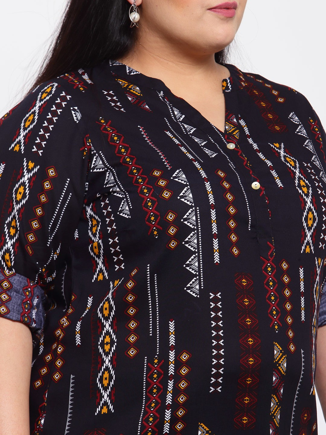 Plus Size Navy Blue Printed Shirt Style Top