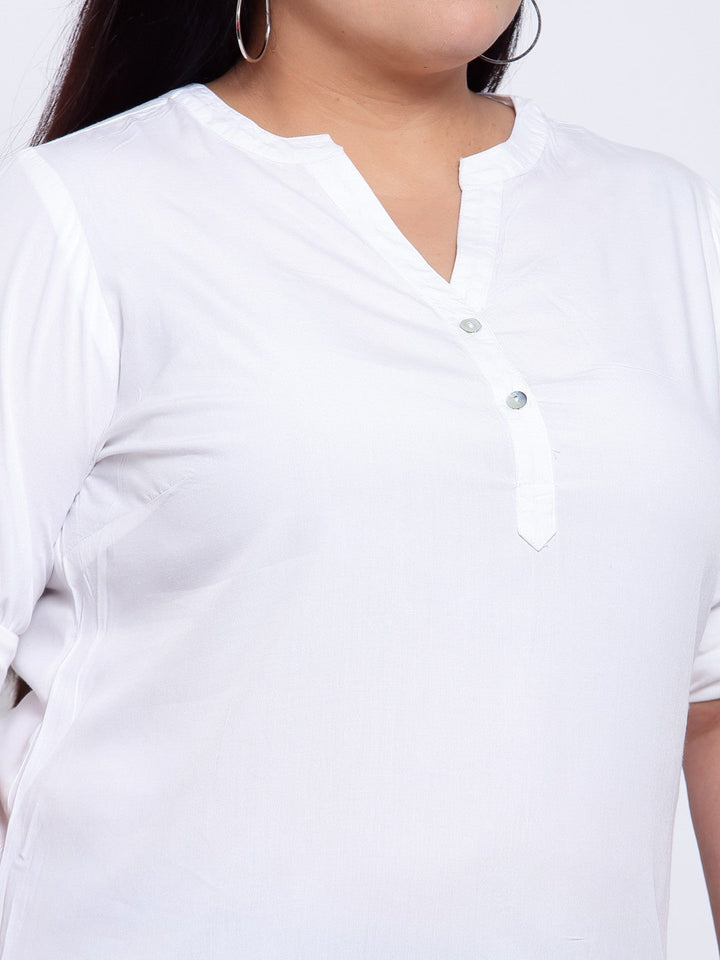Plus Size Women White Mandarin Collar Shirt Style Top