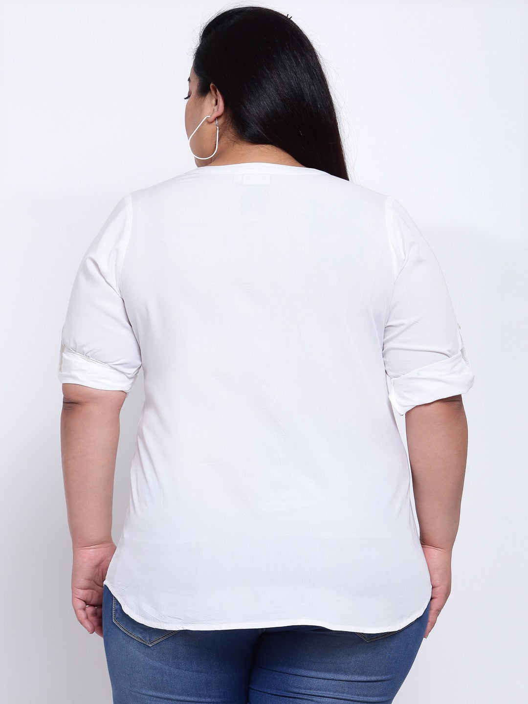 Plus Size Women White Mandarin Collar Shirt Style Top