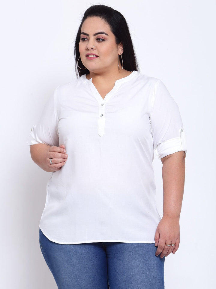 Plus Size Women White Mandarin Collar Shirt Style Top