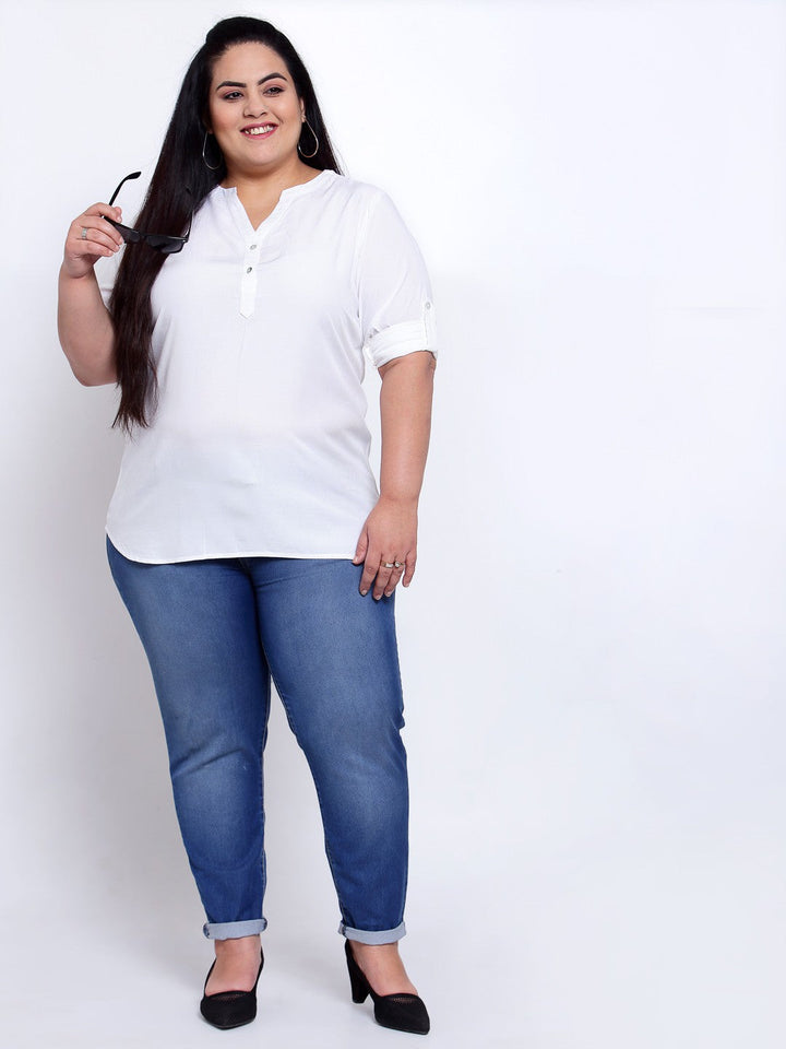 Plus Size Women White Mandarin Collar Shirt Style Top