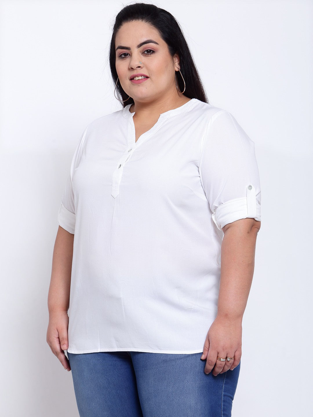 Plus Size Women White Mandarin Collar Shirt Style Top
