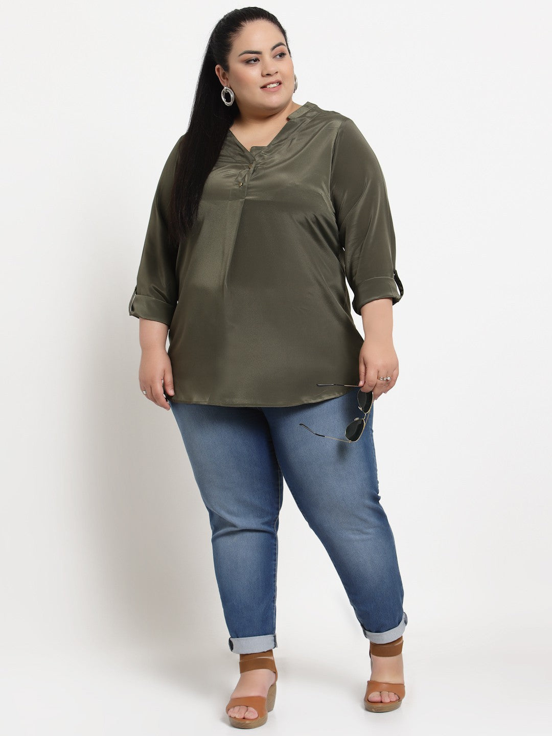 Plus Size Olive Green Solid Top